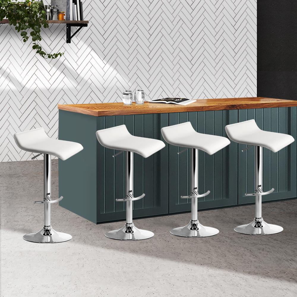 Artiss Set of 4 White PU Leather Wave Style Bar Stools with chrome base, showcasing modern design and comfort.